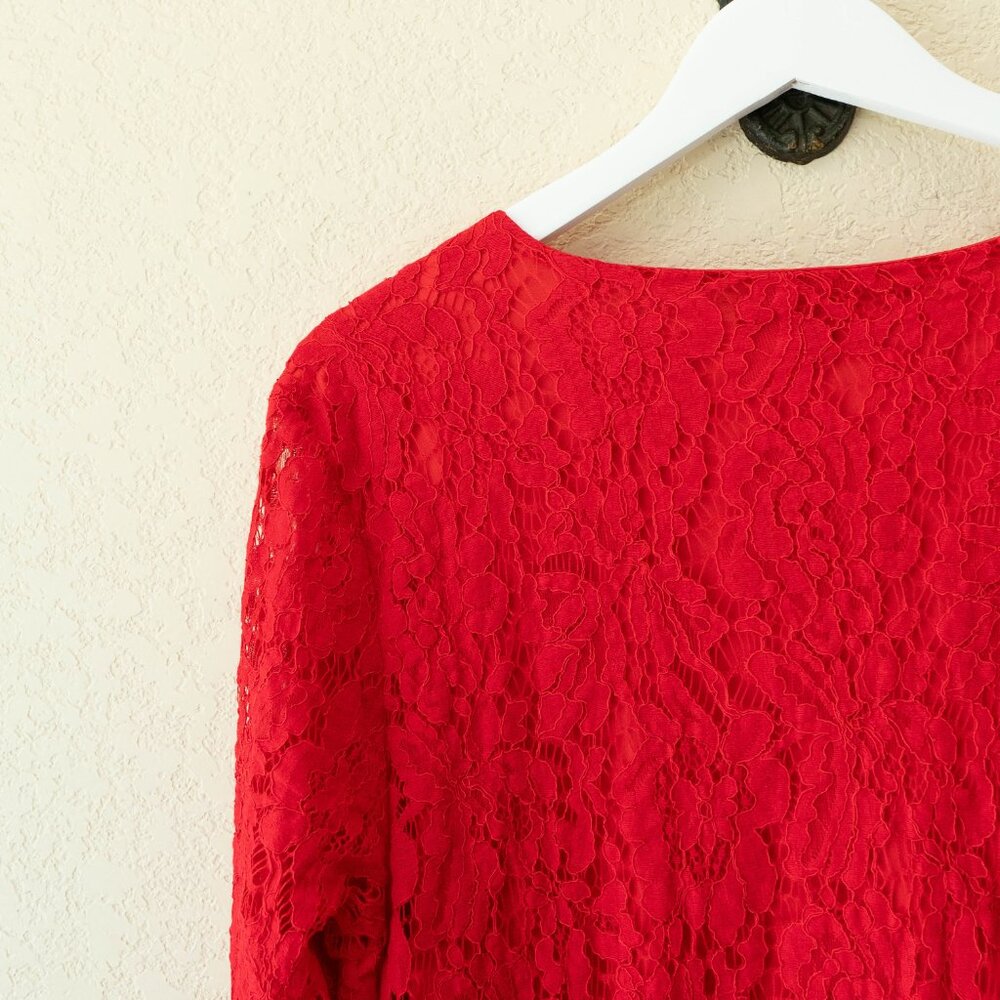 Zac & Rachel Red Lace Top Large V Neck Floral Lace Blouse Lined 3/4 Sleeve - Picture 10 of 13